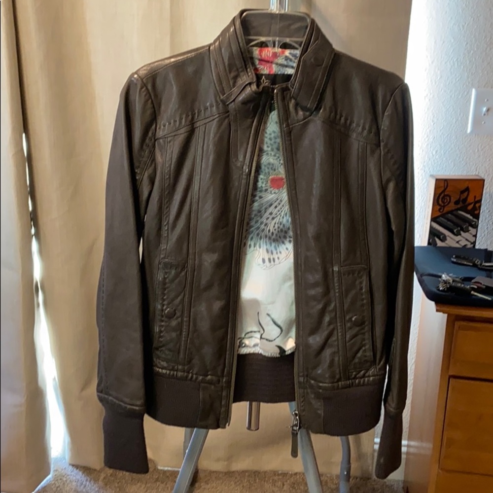 Brown leather bomber jacket